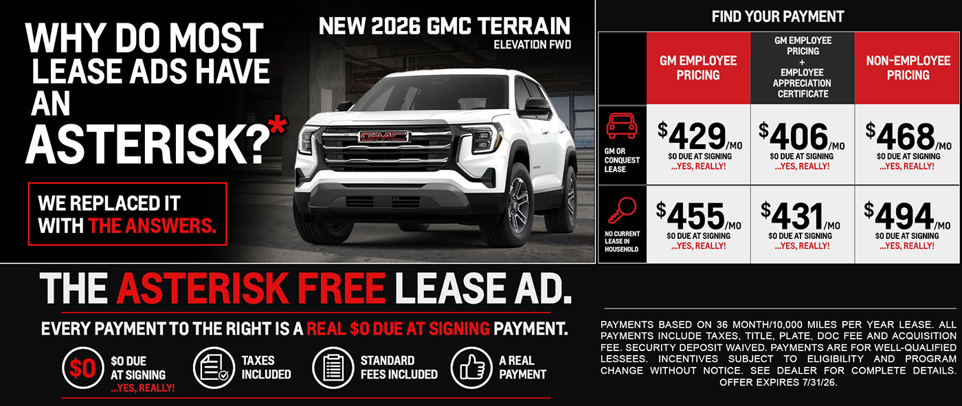 The Asterisk Free Lease Ad - New 2026 GMC Terrain Elevation FWD