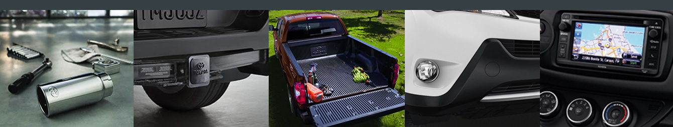 Toyota accessories including exhaust tip, trailer hitch, pickup Berliner, fog light, and navigation system