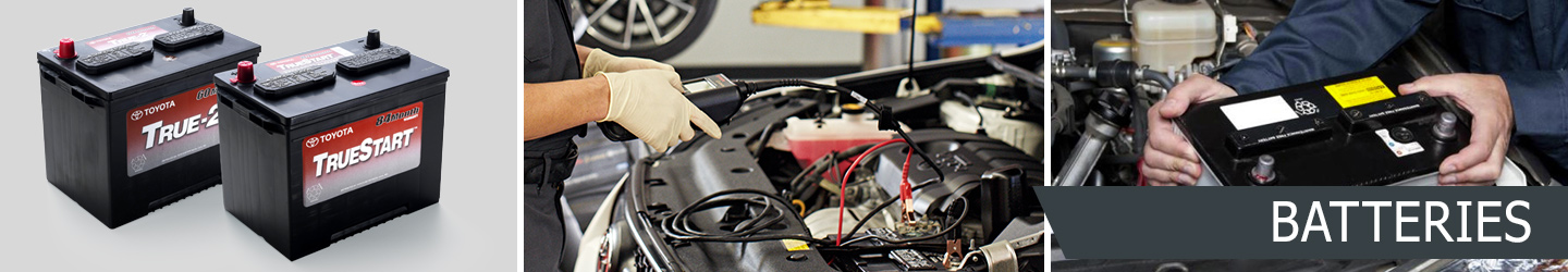 Two Toyota TrueStart batteries, test of battery, and battery being installed, with text that says Batteries