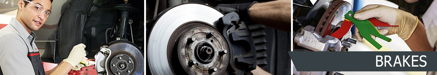 Technicians working on disc brakes, with text that says Brakes