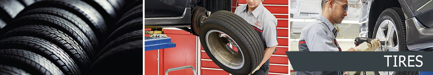Vehicle tires, technician handling a wheel and tire next to a vehicle on a lift, technician installing lug nuts on a vehicle, with text that says Tires